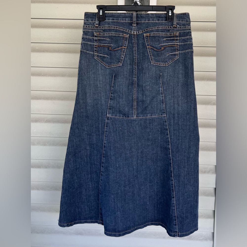 VTG Baccini 90s Y2K Denim Maxi Trumpet Flare Skirt 8 Boho Modest Western Fluted - Picture 3 of 12